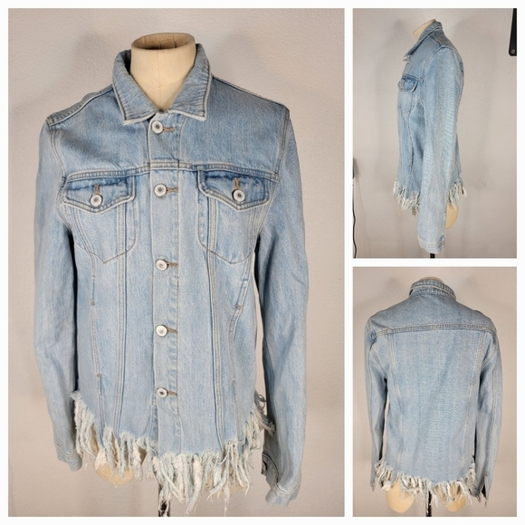 Tularosa Sz S Tamsen Distressed Denim Jacket Fray Fringe Barbados Light Wash - Picture 3 of 10